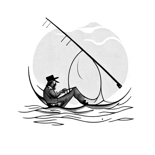 Man fishing while seated on the waning moon tattoo design idea