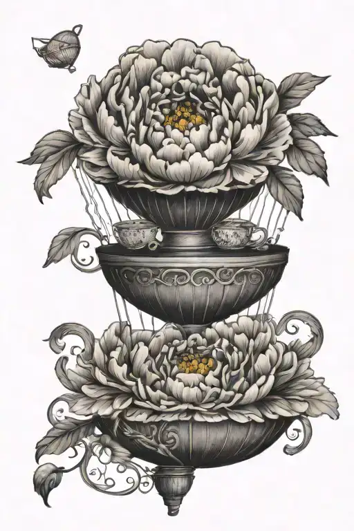 peony in a hot air balloon with teacup instead of a basket tattoo design idea