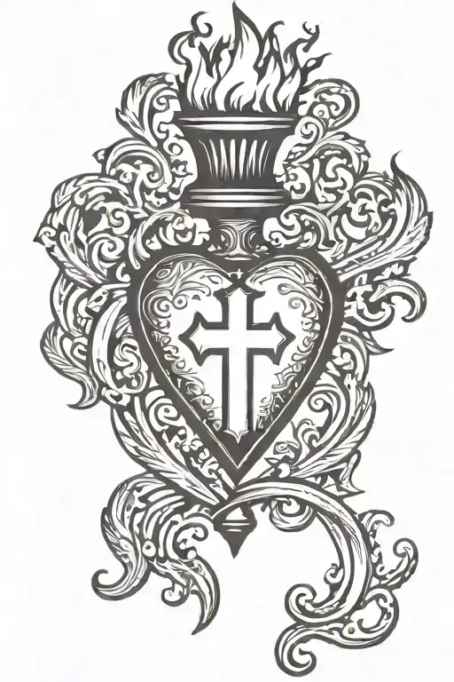 a flaming torch through an heart with an black flared cross tattoo design idea