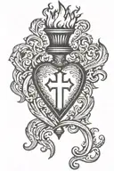 a flaming torch through an heart with an black flared cross tattoo design idea