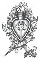 a flaming torch through an heart with an black flared cross tattoo design idea