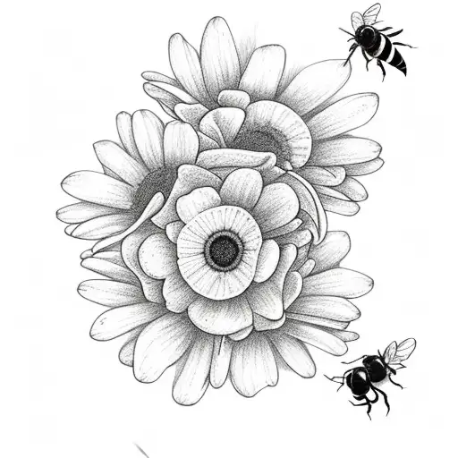 Rose and daisy bouquet with bees and friendship symbol tattoo design idea