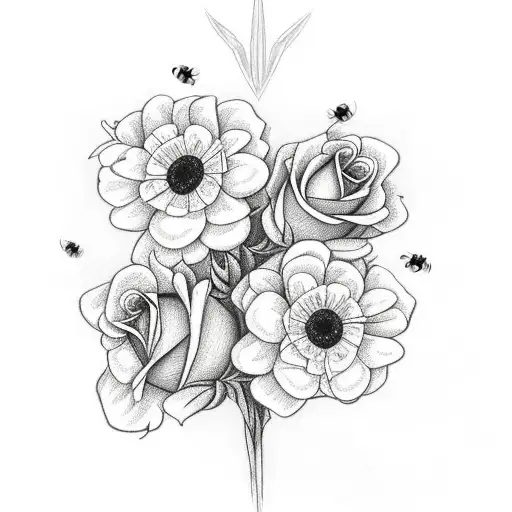 Rose and daisy bouquet with Celtic friendship symbol with bees tattoo design idea