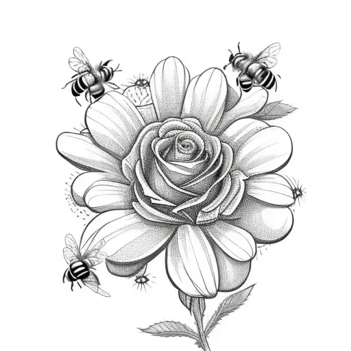 Rose and daisy bouquet with Celtic friendship symbol with bees tattoo design idea