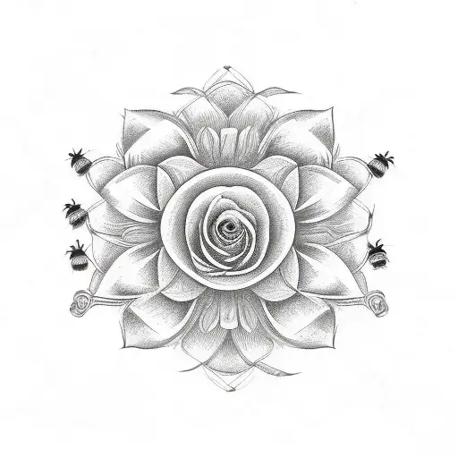 Rose and daisy bouquet with Celtic friendship symbol with bees tattoo design idea