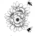 Rose and daisy bouquet with bees and friendship symbol tattoo design idea