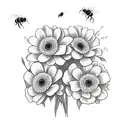 Rose and daisy bouquet with bees and friendship symbol tattoo design idea