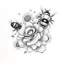 Rose and daisy bouquet with bees and friendship symbol tattoo design idea