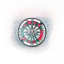 Tattoo design combining the thrill of snowmobile racing and gambling, with a traditional style portrayal of a snowmobile jumping over a roulette wheel tattoo design idea