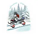 Tattoo design combining the thrill of snowmobile racing and gambling, with a traditional style portrayal of a snowmobile jumping over a roulette wheel tattoo design idea