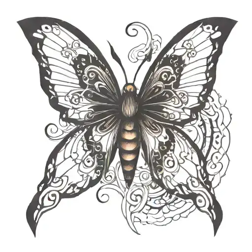 A butterfly, bug/fire fakemon type, with fiery, translucent wings that flicker like flames. tattoo design idea