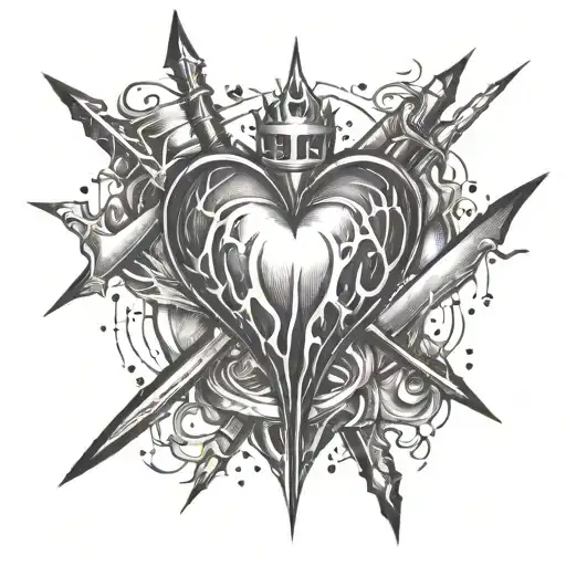 heart with thorns on fire and two small swords tattoo design idea