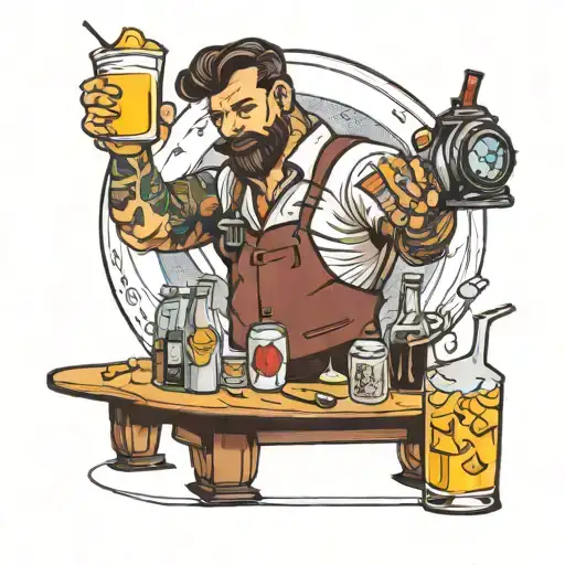 A tattoo design of a bartender mixing drinks with video game elements incorporated tattoo design idea