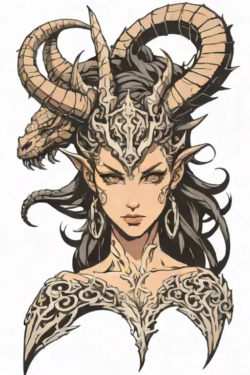 Evil woman with horns bahamut head tattoo design idea