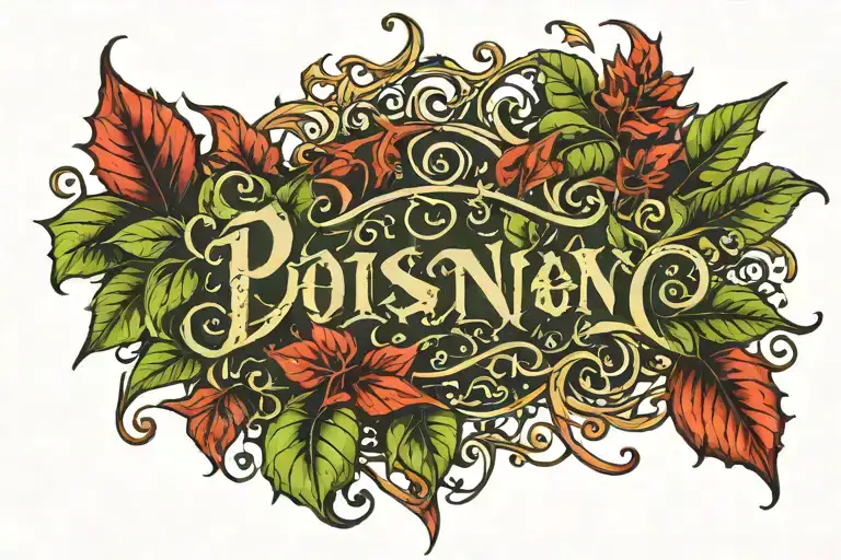 poison ivy leaves around a red name in calligraphy  tattoo design idea
