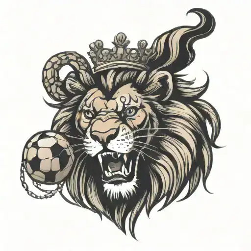 a lion roaring lion wearing a crown and clawing a soccer ball tattoo design idea