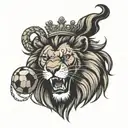 a lion roaring lion wearing a crown and clawing a soccer ball tattoo design idea