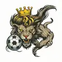 a lion roaring lion wearing a crown and clawing a soccer ball tattoo design idea