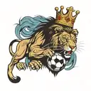 a lion roaring lion wearing a crown and clawing a soccer ball tattoo design idea