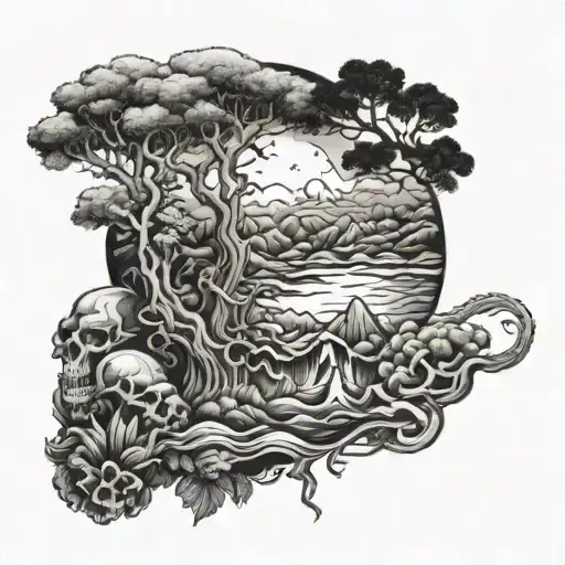 A tattoo design incorporating Australian landscapes with a skull and dragon motif tattoo design idea