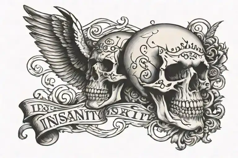 insanity text written skull tattoo design idea