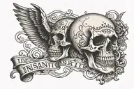 insanity text written skull tattoo design idea