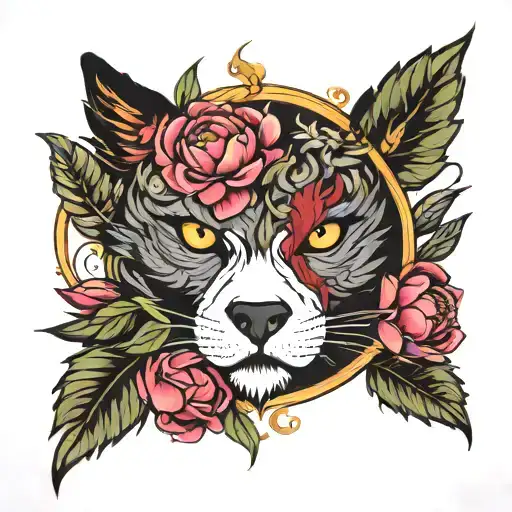 phoenix, she-wolf peonies with the tree of life eye of mount on top tattoo design idea