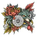 phoenix, she-wolf peonies with the tree of life eye of mount on top tattoo design idea