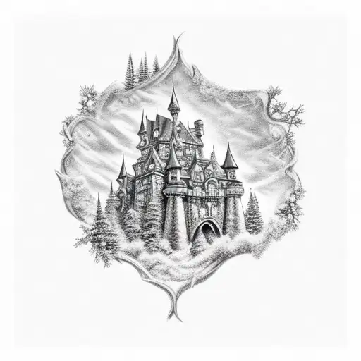 A majestic castle nestled in a vibrant and mystical forest tattoo design idea