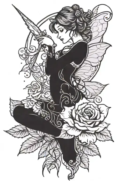  fairy leaning on the stem of a rose tattoo design idea