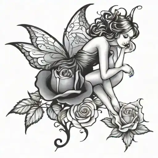  fairy leaning on the stem of a rose tattoo design idea