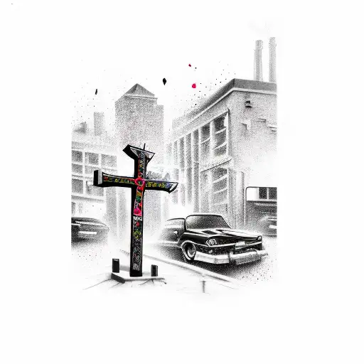A new-school tattoo of a street scene with graffiti art depicting a cross and the client's mafia occupation subtly incorporated, showcasing their interests in urban culture and their Christian beliefs. tattoo design idea