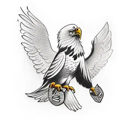 A traditional tattoo of a majestic eagle clutching a money bag in its talons, representing the client's love for both the freedom of the eagle and the allure of wealth. tattoo design idea