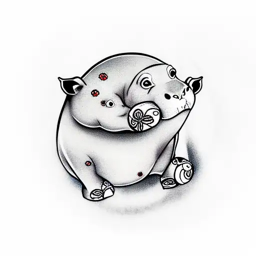 baby hippo , Ukiyo-e , cute, with a Japanese style background  tattoo design idea