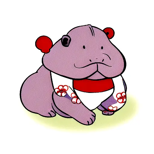 baby hippo , Ukiyo-e , cute, with a Japanese style background  tattoo design idea