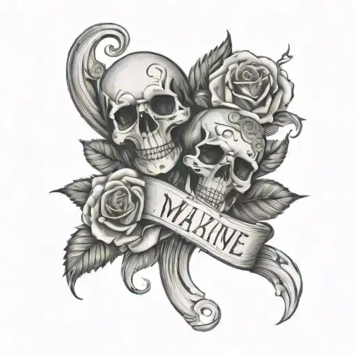 the name maxine fancy writing love roses skulls surrounded tattoo design idea
