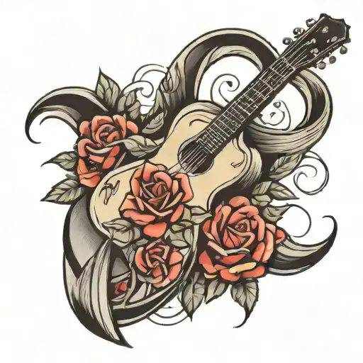 guitar with roses and cross tattoo design idea