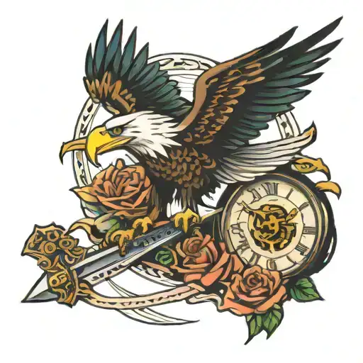 eagle on clock sword and rose tattoo design idea