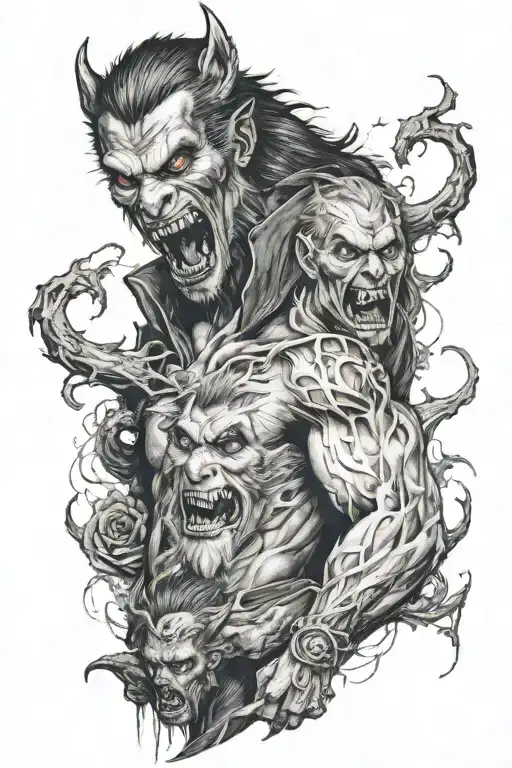 A kind and loving person who has been injured becomes a very nervous person with the power of vampires, werewolves tattoo design idea