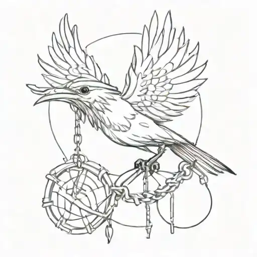 An intricate design of a bird breaking free from chains, symbolizing the struggle for freedom and self-expression tattoo design idea