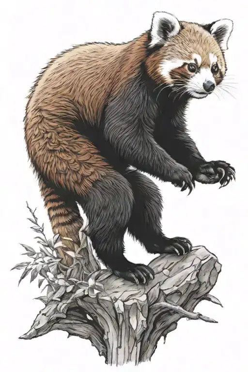 A realistic red panda standing on two legs, with his arms up, trying to be scary, but acctualy just beeing cute.  tattoo design idea