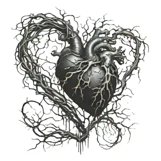 corrupted and decaying black heart with black veins leading to it tattoo design idea