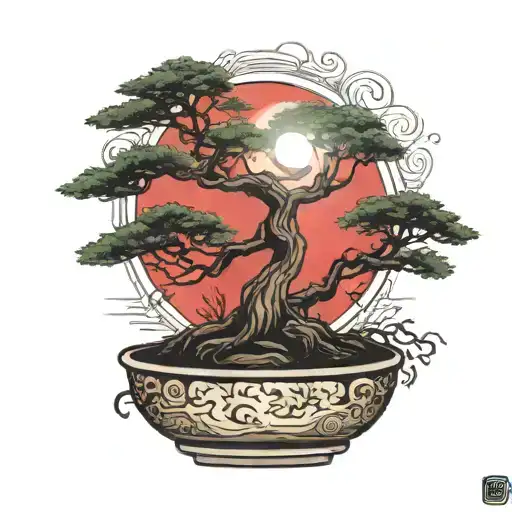 bonsai tree in a clear pot with a dark red sun rising tattoo design idea