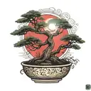 bonsai tree in a clear pot with a dark red sun rising tattoo design idea