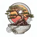 bonsai tree in a clear pot with a dark red sun rising tattoo design idea
