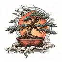 bonsai tree in a clear pot with a dark red sun rising tattoo design idea
