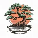 bonsai tree in a clear pot with a dark red sun rising tattoo design idea