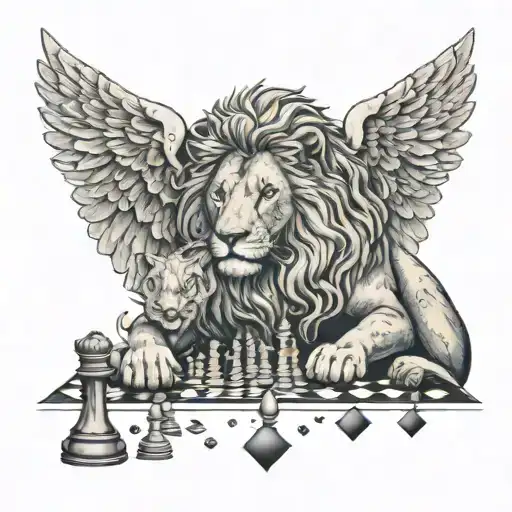 A lion and angel engaged in a chess game, symbolizing strategy and strength, with a background of game pieces scattered around tattoo design idea