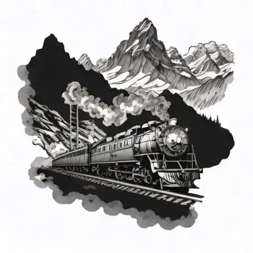 A detailed blackwork tattoo of a train chugging up the side of a mountain, with Nanda Devi peak in the background tattoo design idea