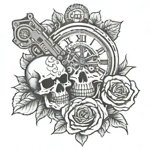 skull clock rose gun motorcycle tattoo design idea